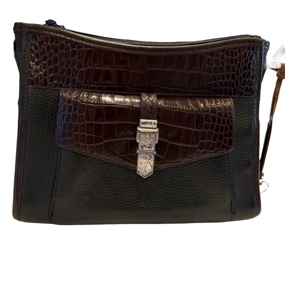 BRIGHTON Womens Black & Brown LEATHER SHOULDER BAG W/card Holder Croc Embossed - Picture 3 of 16